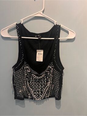Windsor Black Studded Pearl-Accent Tank Top